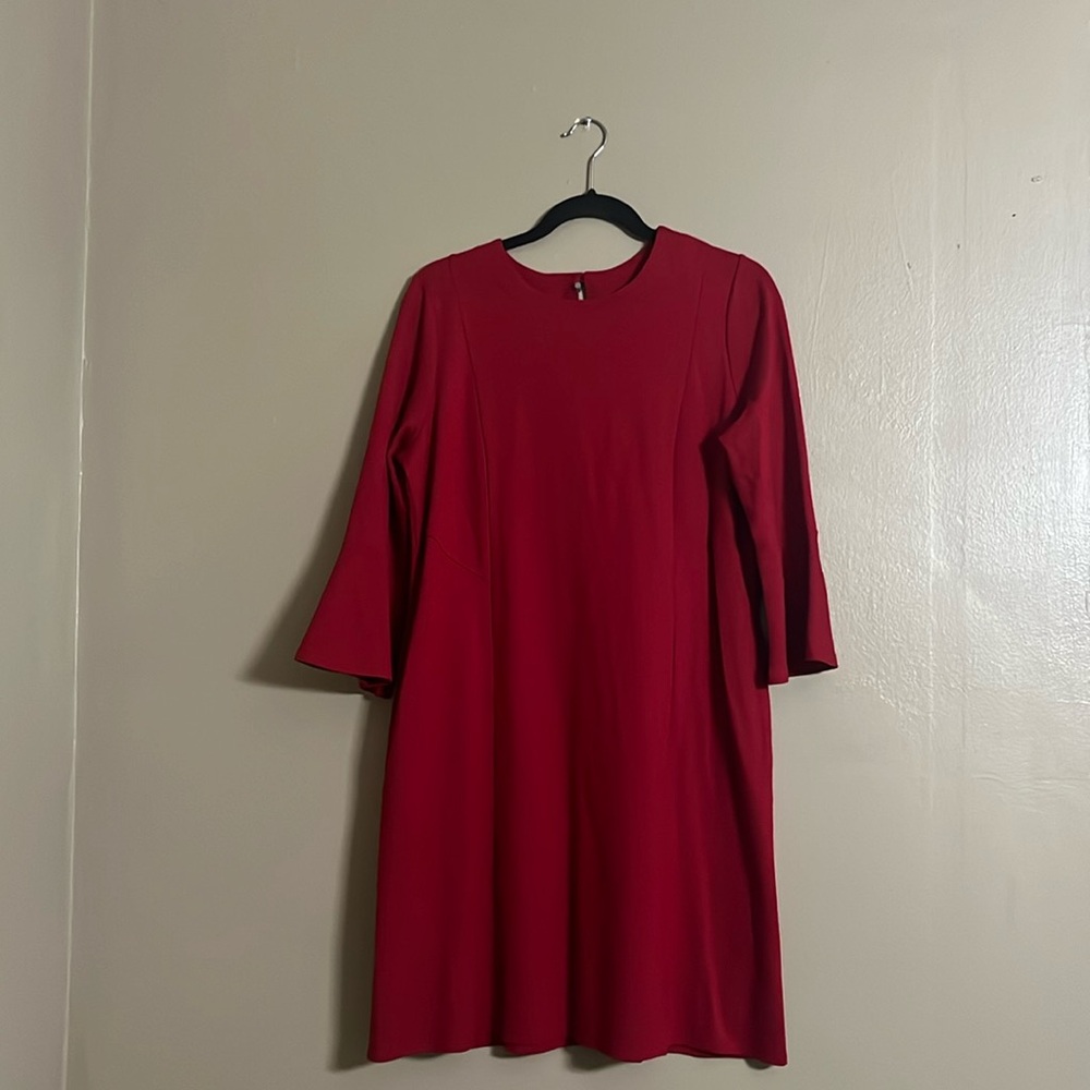 J.Jill Ponte Dress SzMP True Red Bell Sleeves Side Pockets Career Special Events